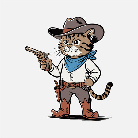 This playful and fun western t-shirt design features a cute cartoon cat dressed as a cowboy, complete with a revolver, bandana, and boots. Perfect for cat lovers, cowboy enthusiasts, and anyone who enjoys quirky and humorous designs. A unique blend of the wild west and feline charm!のイラスト素材