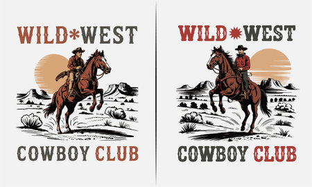 This iconic western t-shirt design features a cowboy riding his horse across a desert landscape, with the bold phrase "Wild West Cowboy Club" above. A perfect tribute to the rugged cowboy lifestyle and western adventures, ideal for those who embrace the spirit of the wild west.のイラスト素材