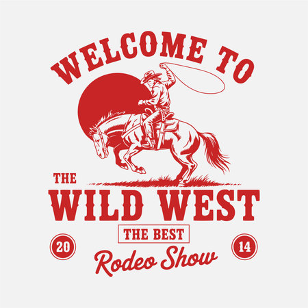 This exciting and bold t-shirt design features a cowboy riding a horse with the phrase "Welcome to the Wild West" and "The Best Rodeo Show." With a vintage-inspired look and a nod to classic rodeo action, this design is perfect for rodeo enthusiasts, cowboy fans, and lovers of western culture.のイラスト素材