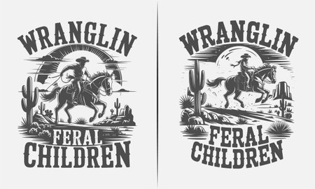 This bold and adventurous western t-shirt design features a cowboy wrangling feral children while riding a horse through a desert landscape. With a touch of humor and rugged western charm, this design is perfect for anyone who loves cowboy culture, wild west adventures, and a fun twist on cowboy life.のイラスト素材