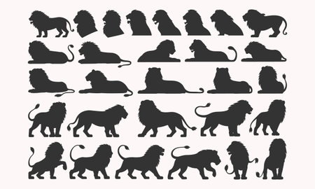 This collection of lion silhouettes showcases a range of majestic poses, perfect for wildlife enthusiasts, animal lovers, and graphic design projects. From roaring lions to relaxed poses, these graphics are ideal for apparel, posters, and logos, capturing the power and grace of the king of the jungle.のイラスト素材