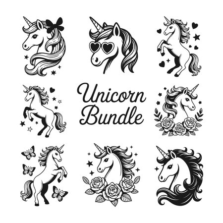 This unicorn bundle includes a variety of adorable unicorn illustrations, from unicorn heads with bows and sunglasses to magical unicorns with flowers and butterflies. Perfect for fantasy lovers, kids' apparel, t-shirts, posters, and gifts, this bundle adds a whimsical and fun touch to any design.のイラスト素材