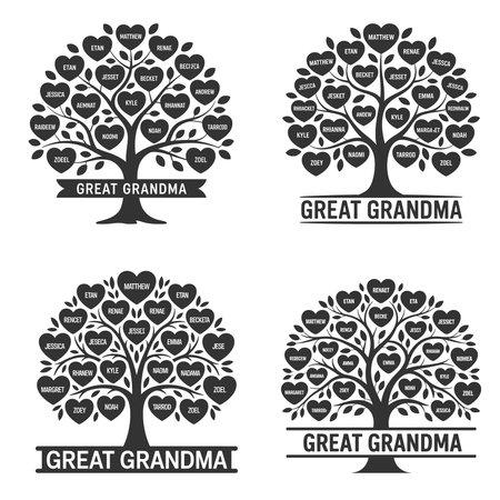 Celebrate your great grandma with this customizable family tree design. Featuring heart-shaped leaves with names, this personalized design makes a meaningful gift for grandmothers. A beautiful way to honor family connections and show love for a special matriarch in the familyのイラスト素材
