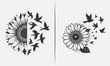 Black and white illustration of a sunflower with birds flying away. A beautiful design combining nature, freedom, and growth, perfect for t-shirts, prints, and digital design projects. This minimalist art captures the essence of a sunflower and its connection to nature and wildlife.のイラスト素材