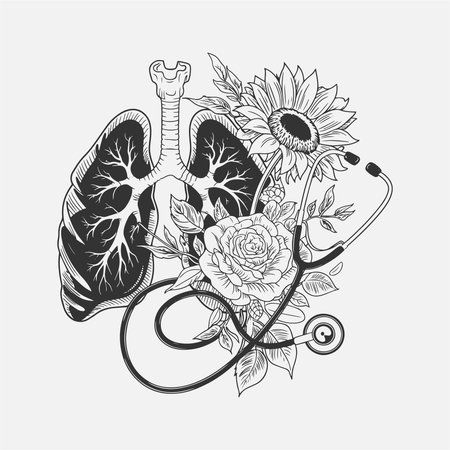 Unique black and white illustration combining medical symbols, sunflowers, roses, and a stethoscope, featuring a pair of lungs. This design blends health and nature, perfect for healthcare professionals, t-shirts, prints, and wellness-themed products. Ideal for nature-loving medical enthusiasts.のイラスト素材