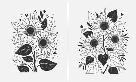 Charming black and white illustration of sunflowers surrounded by hearts and leaves. This whimsical design combines nature with love, perfect for t-shirts, prints, or products celebrating beauty and positivity. Ideal for sunflower lovers, nature enthusiasts, and those who appreciate floral art.のイラスト素材