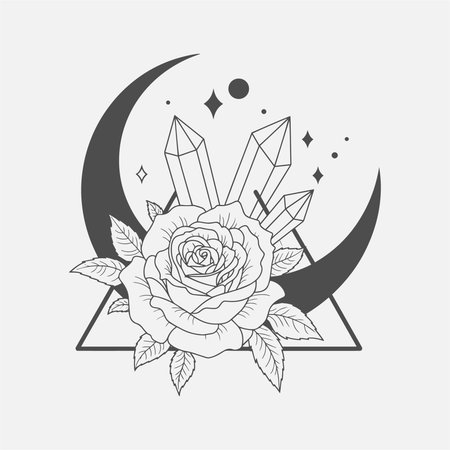 Beautiful black and white illustration featuring a rose, crystals, and a crescent moon. A stunning design that blends geometric and floral elements, perfect for mystical and nature-inspired art. Ideal for t-shirts, prints, or products with a boho, celestial, or spiritual theme.のイラスト素材