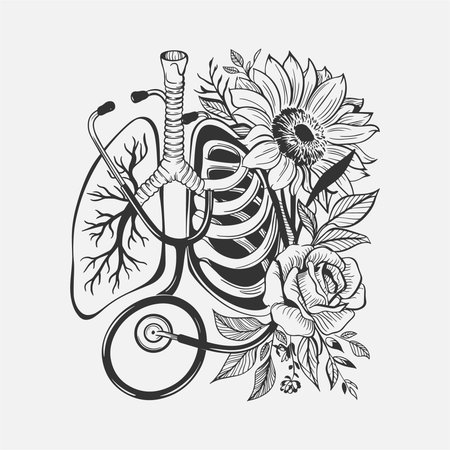 Unique black and white illustration combining medical symbols, sunflowers, roses, and a stethoscope, featuring a pair of lungs. This design blends health and nature, perfect for healthcare professionals, t-shirts, prints, and wellness-themed products. Ideal for nature-loving medical enthusiasts.のイラスト素材