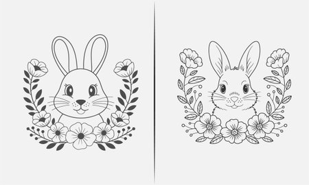 Adorable black and white illustration of a cute bunny surrounded by a floral wreath. This charming design features playful bunny ears and delicate flowers, perfect for Easter, spring, or any nature-themed products. Ideal for t-shirts, prints, and gifts for animal lovers.のイラスト素材