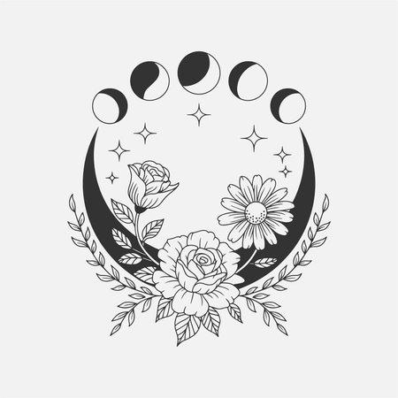 Beautiful black and white illustration featuring a rose, crystals, and a crescent moon. A stunning design that blends geometric and floral elements, perfect for mystical and nature-inspired art. Ideal for t-shirts, prints, or products with a boho, celestial, or spiritual theme.のイラスト素材