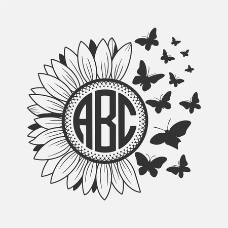 Charming black and white design featuring a sunflower with ABC letters inside, surrounded by butterflies. This whimsical design blends nature and typography, making it perfect for t-shirts, prints, or educational and nature-themed products. Ideal for nature lovers and typography enthusiasts.のイラスト素材