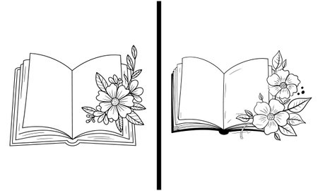Beautiful graphic of an open book with delicate flowers on the side. Ideal for book lovers, authors, and literary-themed products. Perfect for t-shirts, book illustrations, and prints. A great design for libraries, bookstores, and educational materials.のイラスト素材
