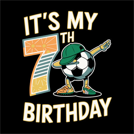 Celebrate your child's 7th birthday with this fun "It's My 7th Birthday" soccer shirt! Featuring a playful soccer ball wearing a cap and sneakers, this shirt is perfect for soccer-loving kids. A great birthday gift for little soccer fans, this shirt is perfect for the big day celebrations!のイラスト素材