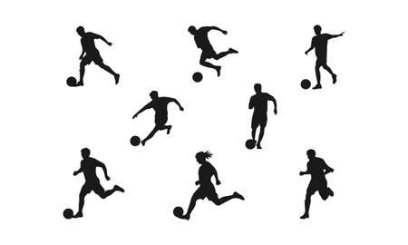 Dynamic soccer player silhouettes in various action poses with the ball. This bold and energetic design captures the spirit of soccer, showcasing athleticism and movement. Ideal for sports enthusiasts, soccer teams, and merchandise, this design adds excitement to any soccer-related product.のイラスト素材