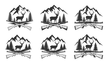 This rugged t-shirt design features a deer in the mountains surrounded by forests, with crossed rifles in the foreground. Perfect for hunters and outdoor enthusiasts, this graphic captures the spirit of nature, wildlife, and adventure. Ideal for those who love the great outdoors.のイラスト素材