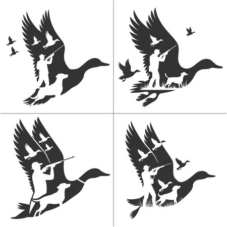 This t-shirt design features an action-packed duck hunting scene with a hunter, dog, and flying ducks. Perfect for hunting enthusiasts, this graphic captures the excitement of the hunt, ideal for those who enjoy duck hunting and outdoor adventures.のイラスト素材