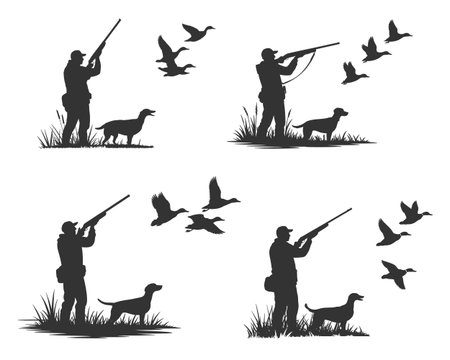 This t-shirt design features a series of hunting silhouettes with hunters and dogs in various poses, capturing the bond between hunters and their loyal canine companions. Perfect for hunting enthusiasts who love the outdoors, this design is ideal for showcasing a passion for hunting and working dogs.のイラスト素材