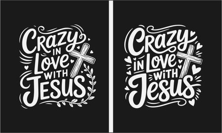 Express your deep love and faith in Jesus with this bold "Crazy In Love with Jesus" t-shirt design. Featuring playful typography and a cross surrounded by hearts, this design is a fun and loving way to showcase your Christian belief with style.のイラスト素材