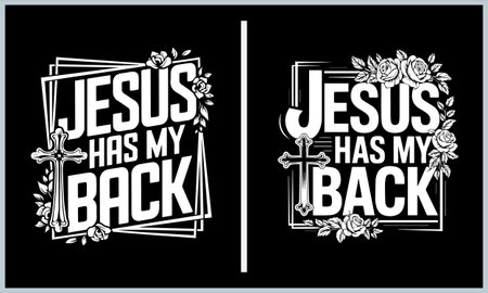 Show your faith with this powerful "Jesus Has My Back" t-shirt design. Featuring bold text along with a cross and roses, this design symbolizes protection, strength, and belief in Jesus. A perfect reminder that faith will always guide and support you.のイラスト素材