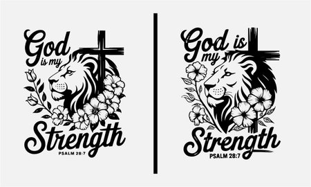 Embrace the strength that comes from faith with this bold "God is My Strength" t-shirt design, inspired by Psalm 28:7. Featuring a majestic lion and cross, this design is a powerful reminder of Godâs unwavering strength in our lives. Perfect for those who find courage in their faith.のイラスト素材