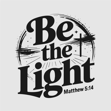 Shine your faith with this inspiring "Be the Light" t-shirt design, based on Matthew 5:14. Featuring a bold cross and radiant light elements, this design encourages believers to spread light and love in the world. Perfect for those who want to live out their faith and be a shining example to others.のイラスト素材