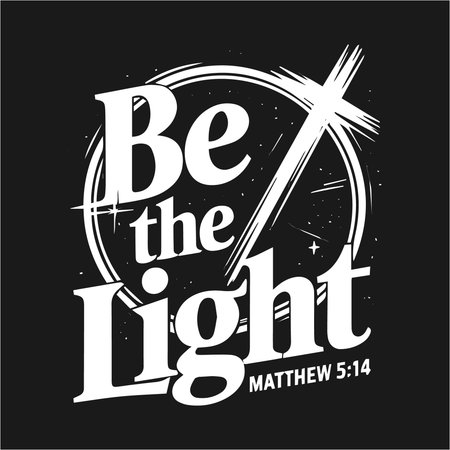 Shine your faith with this inspiring "Be the Light" t-shirt design, based on Matthew 5:14. Featuring a bold cross and radiant light elements, this design encourages believers to spread light and love in the world. Perfect for those who want to live out their faith and be a shining example to others.のイラスト素材