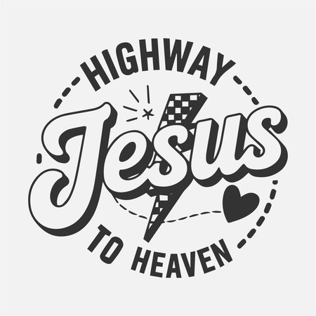This bold and dynamic t-shirt design features "Highway to Heaven" with Jesus and a lightning bolt symbol, delivering a powerful and uplifting message. Perfect for those who want to express their Christian faith with style and spread a message of hope, love, and spiritual guidance.のイラスト素材