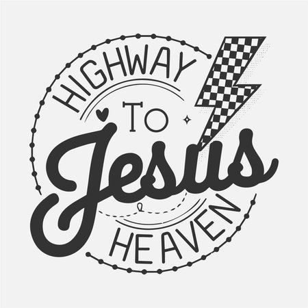 This bold and dynamic t-shirt design features "Highway to Heaven" with Jesus and a lightning bolt symbol, delivering a powerful and uplifting message. Perfect for those who want to express their Christian faith with style and spread a message of hope, love, and spiritual guidance.のイラスト素材