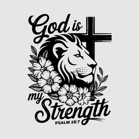 Embrace the strength that comes from faith with this bold "God is My Strength" t-shirt design, inspired by Psalm 28:7. Featuring a majestic lion and cross, this design is a powerful reminder of Godâs unwavering strength in our lives. Perfect for those who find courage in their faith.のイラスト素材