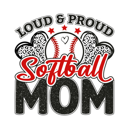 Bold softball mom t shirt design featuring leopard print hearts and a softball with the quote loud and proud Perfect for sporty mothers and softball fans this vintage hand drawn artwork blends athletic passion family pride and fashionable charm in a trendy graphic designのイラスト素材