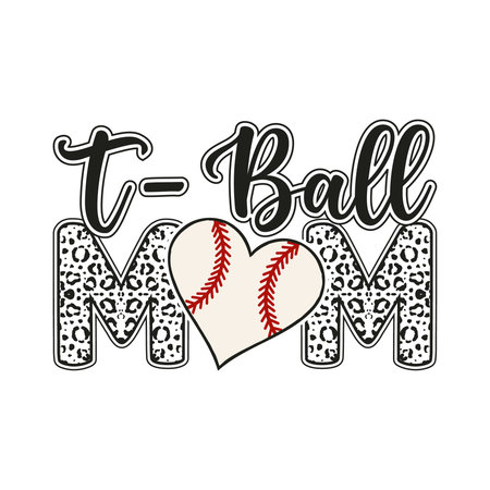 Stylish t ball mom design with heart shaped baseball and leopard print letters. Perfect sporty and trendy vector for t shirt printing, mugs, and gifts. Great for baseball moms, athletic family fans, and lovers of vintage fashionable artwork with a fun family theme.のイラスト素材