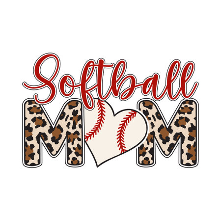 softball mom vector design with leopard print letters and heart shaped softball graphic perfect for proud sports moms funny and stylish artwork for t shirt print sticker or poster ideal for game day softball fans family supporters and trendy athletic fashion inspired apparel designのイラスト素材