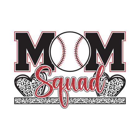 trendy mom squad baseball design featuring leopard print hearts and sporty team style perfect for proud moms and family fans vector illustration ideal for t shirt print sticker or poster fashionable sporty artwork combining baseball love teamwork and modern game day fashion designのイラスト素材