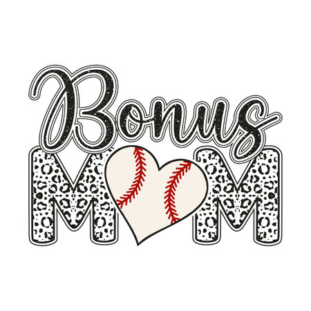 Stylish baseball themed bonus mom design with leopard print and heart shaped baseball perfect for proud stepmoms family supporters and sports lovers fun artwork ideal for t shirt sticker or poster creative trendy design showing love family and team spiritのイラスト素材