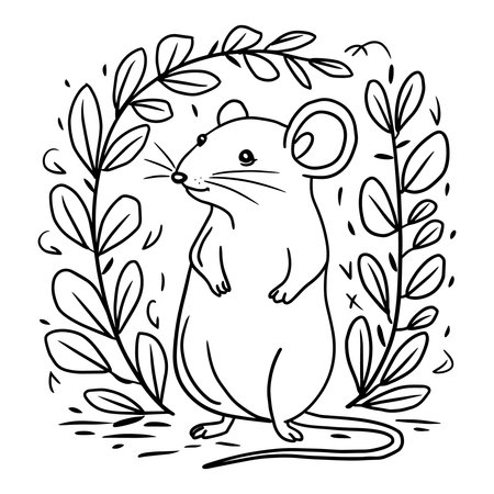 Adorable mouse vector illustration with a small hat surrounded by leafy wreath line art. Perfect for kids coloring pages, nursery prints, t shirts, stickers, and digital downloads. Simple and charming design for childrenâs projects and animal lover artwork.のイラスト素材