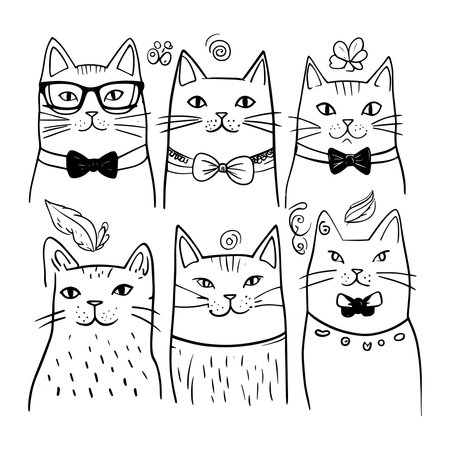 Adorable kawaii cat vector illustration with rainbow, clouds, stars, and flowers in black and white line art. Perfect for coloring pages, t shirts, stickers, kids room decor, and digital downloads. Fun and cheerful design for childrenâs art and cute creative projects.のイラスト素材
