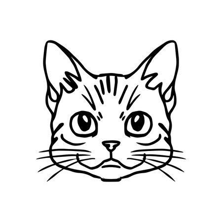 Adorable cat face line art design featuring bold outlines and expressive details in minimalist style. Perfect for pet lovers and creative projects. Ideal for tshirt prints, stickers, svg files, and home decor designs adding a cute feline touch to crafts and digital artwork.のイラスト素材