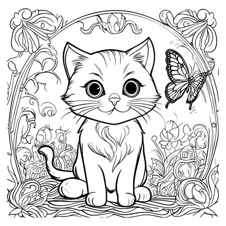 Detailed kitten line art surrounded by flowers and a butterfly in elegant black and white illustration style. Perfect for coloring pages, adult relaxation art, svg craft projects, and prints. Great for cat lovers and creative designs featuring cute animals and floral frames.のイラスト素材