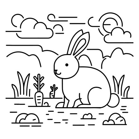 Adorable rabbit line art design featuring a minimalist bunny sitting in nature with carrots, clouds, and grass. Perfect for coloring pages, t shirt printing, sublimation, vinyl crafts, wall art, and digital downloads. Great for animal lovers and spring themed creative projects.のイラスト素材