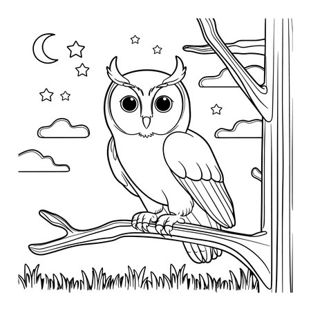 Charming owl coloring page featuring a cute owl perched on a branch under the night sky with stars Perfect for kids coloring books printable pages and educational wildlife art Fun and detailed vector illustration ideal for learning about nature and animals through creativityのイラスト素材