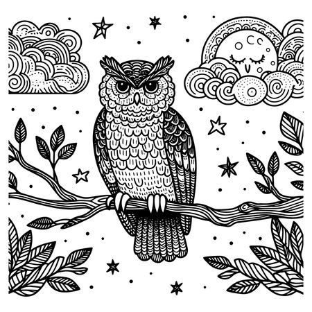 Detailed owl vector illustration perched on a branch with moon, clouds, and stars in black and white line art style. Perfect for adult coloring pages, tattoo art, wall prints, posters, and digital downloads. Elegant and creative night wildlife design for art lovers.のイラスト素材