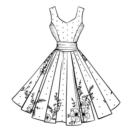 Beautiful vintage dress illustration with floral accents and polka dots in elegant line art style. Perfect for fashion design, coloring pages, digital art, and textile concepts. Great for stylists, designers, or anyone inspired by classic feminine clothing and style.のイラスト素材