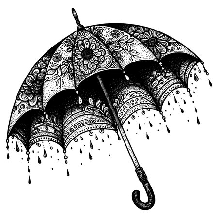 Stylish decorative umbrella vector drawing with elegant curved patterns and classic handle. Perfect for kids coloring pages, fashion prints, greeting cards, and decorative artwork. Clean black and white line art ideal for print design, crafts, and creative digital projects.のイラスト素材