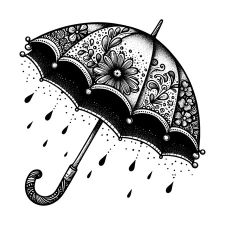Intricate umbrella illustration with floral details and raindrops in elegant black and white line art. Perfect for coloring pages, tattoo ideas, decorative prints, and fashion art concepts. A unique vintage ink drawing design combining creativity and style.のイラスト素材