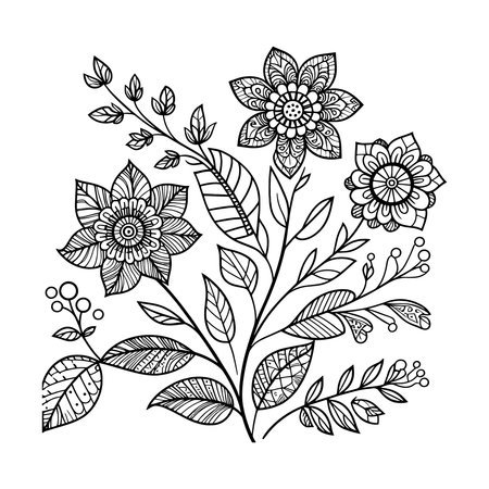 Elegant flower bouquet vector drawing featuring three blooming flowers with leaves in detailed line art. Perfect for coloring pages, floral t shirt prints, greeting cards, and nature decor. Black and white outline design ideal for creative projects, crafts, and digital artwork.のイラスト素材