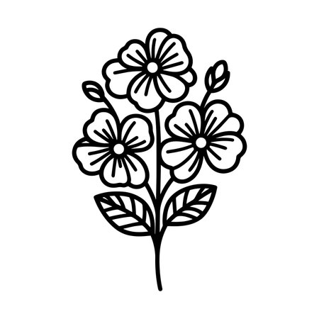 Elegant floral bouquet illustration with three flowers and leaves in black and white line art. Perfect for coloring pages, botanical prints, tattoo art, and digital designs. Simple yet beautiful flower drawing for creative projects and decorative artwork.のイラスト素材