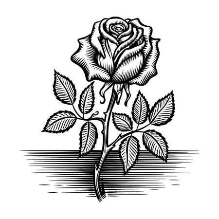 Elegant vintage rose illustration with detailed petals and leaves in engraving style line art. Perfect for botanical prints, tattoos, decorative artwork, and vintage floral designs. Timeless black and white rose drawing for creative and artistic projects.のイラスト素材