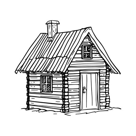 Charming rustic cabin drawing with chimney smoke and wooden texture in detailed line art. Perfect for coloring pages, architectural sketches, countryside scenes, and home decor illustrations. Great black and white artwork for vintage or rustic design themes.のイラスト素材