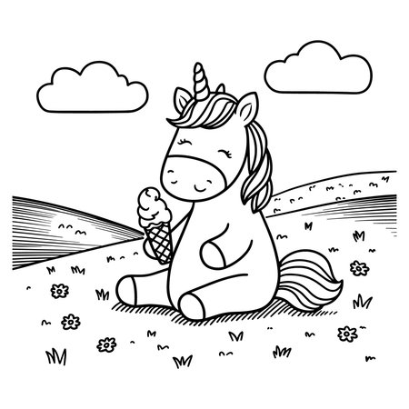 Adorable unicorn vector design featuring a playful magical horse sitting on a donut float in a fun line art style. Perfect for kids coloring pages, tshirt prints, stickers, posters, and cute fantasy art projects. Ideal for creative designs full of joy and imagination.のイラスト素材