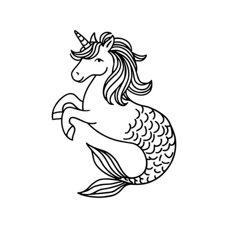 Graceful unicorn vector design set in a forest with trees and plants drawn in elegant line art style. Perfect for kids coloring pages, fantasy artwork, tshirt prints, and posters. Great for creative projects that celebrate imagination, nature, and magical creatures.のイラスト素材